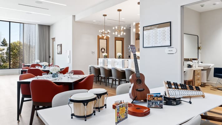Bright dining area with instruments and decor