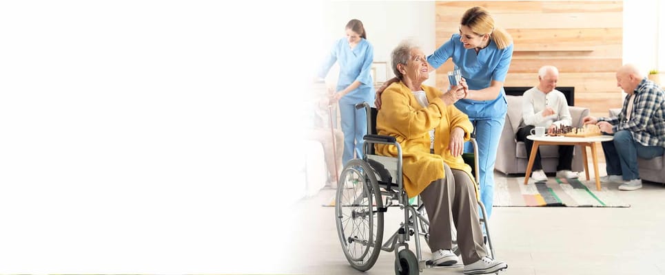 Caregiver assisting a resident in a lively common area