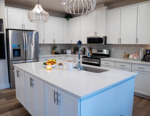 Modern kitchen interior with fruits on the counter
