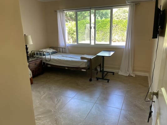 A spacious bedroom with a hospital bed and window