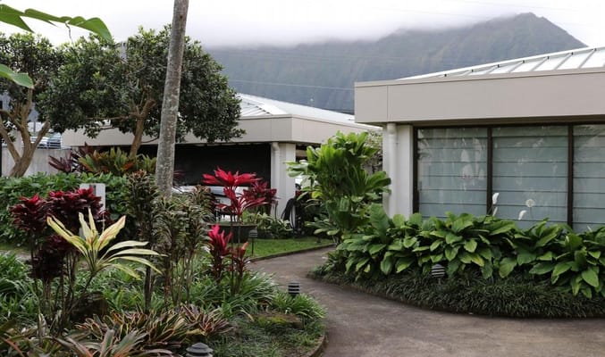 Lush garden pathways leading to facility buildings