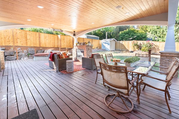 Outdoor patio area with seating and decor