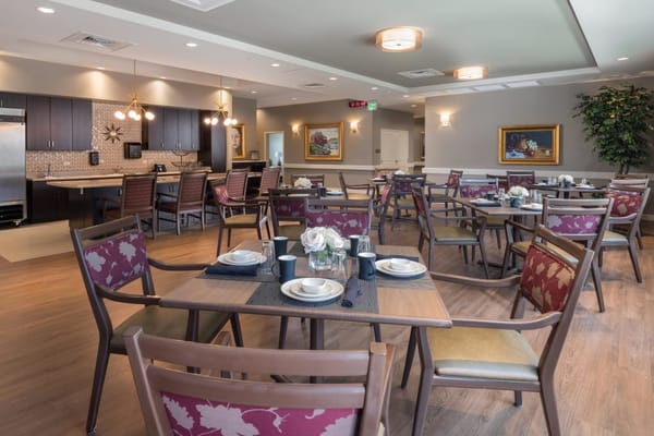 Modern dining room setup with neatly set tables