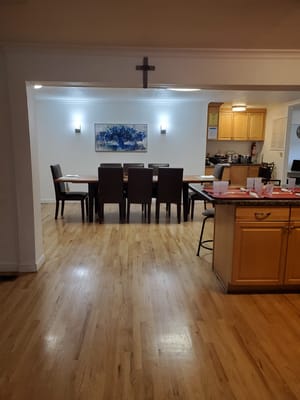Interior view of a common area with dining table