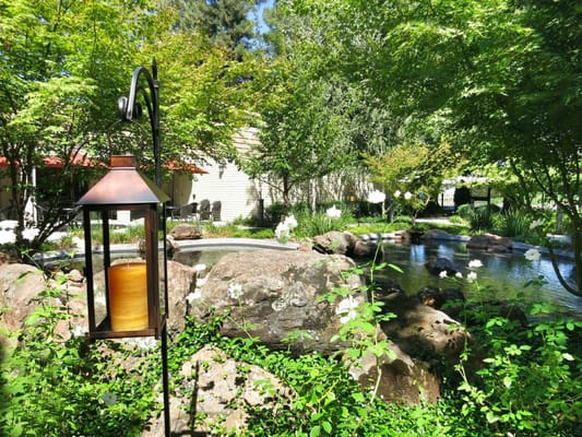 Well-maintained garden with a pond and lantern at Campus Commons Senior Living.