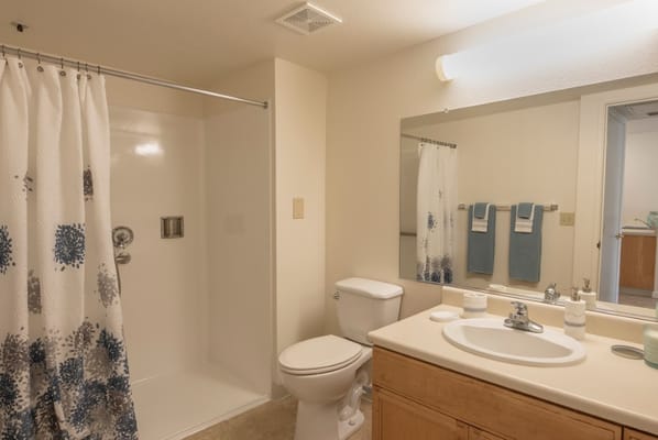 Clean bathroom with shower and vanity