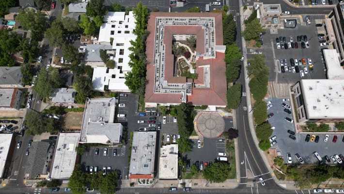 Aerial view of Mercy McMahon Terrace with parking and gardens