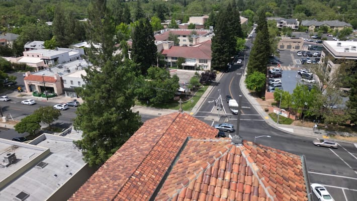 Aerial view of a residential area with greenery