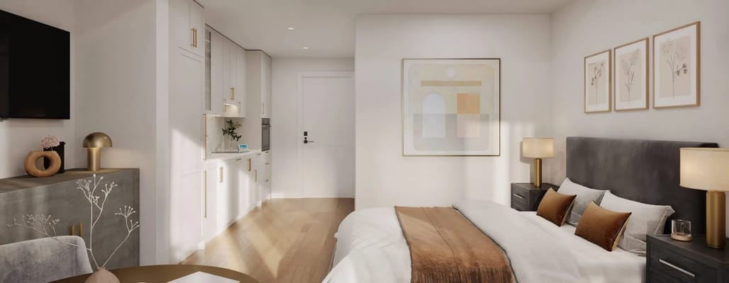 Bright, modern interior of a senior living bedroom