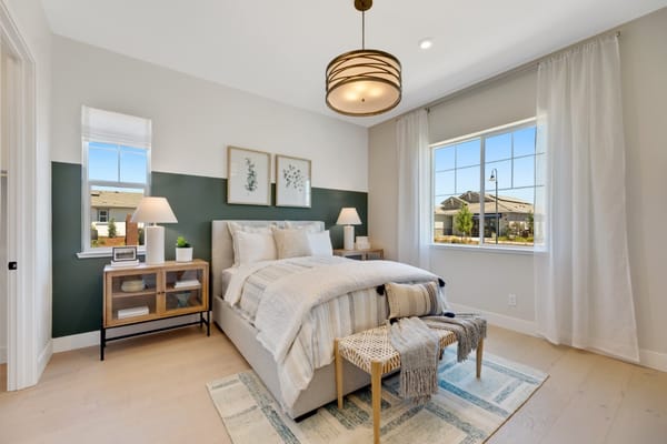 Modern bedroom with a bed, decorative pillows, and a view of the outdoors.