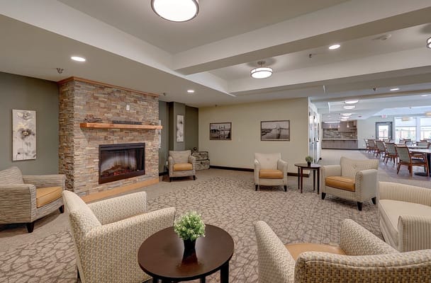 Cozy common area with seating and fireplace