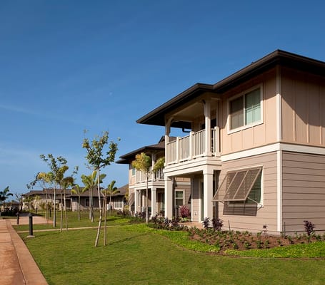 Exterior view of residential buildings with landscaping