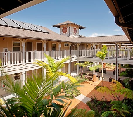 Courtyard with tropical plants and architectural detailing