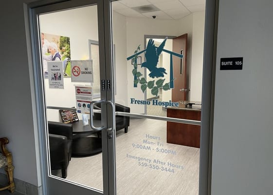 Entrance to Fresno Hospice office with signage