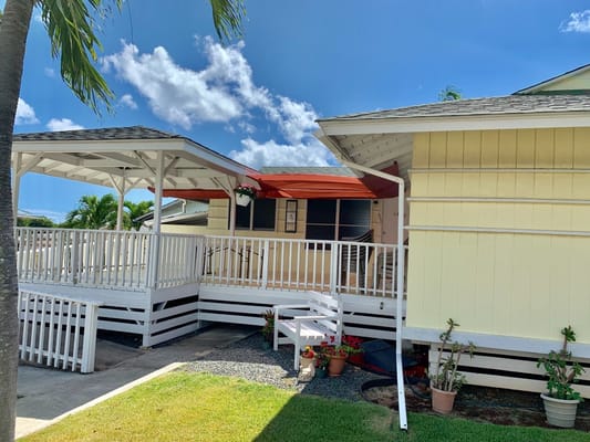 Exterior view of a building with outdoor seating