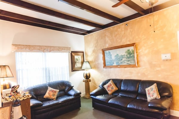 Cozy common area with leather sofas and artwork