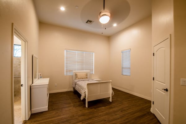 A private bedroom in a senior living facility