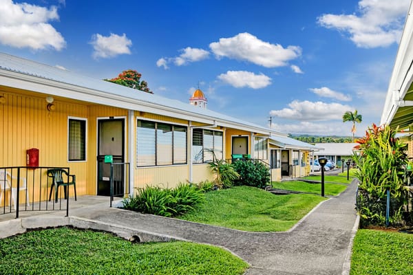 Exterior view of elderly apartment buildings with landscaping