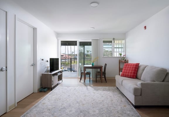 Bright living room with a sofa, TV, and dining table