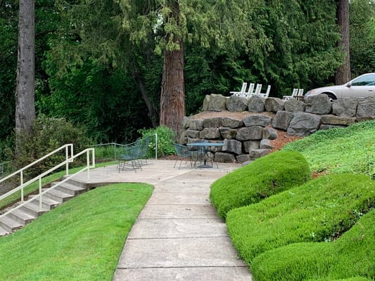 Outdoor seating area surrounded by greenery