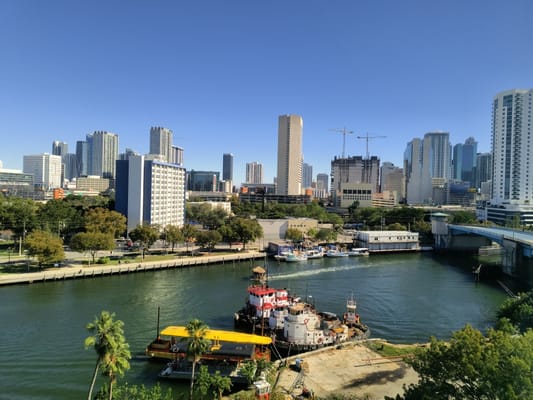 View of Miami skyline and waterfront with boats