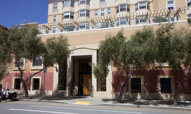 View of the entrance and facade of Rhoda Goldman Plaza in San Francisco.