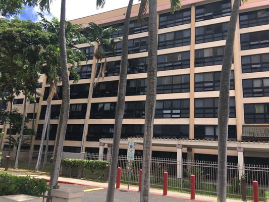 Exterior view of Kamalu Hoolulu Elderly Housing building with palm trees