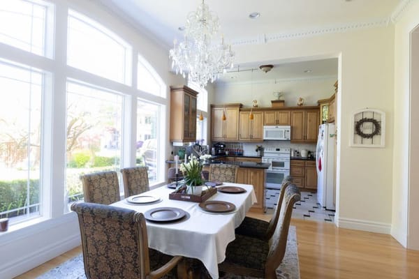 Bright kitchen and dining area with elegant decor