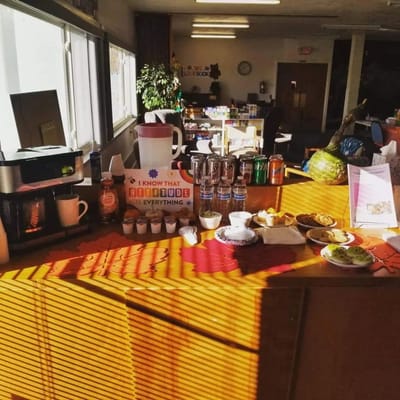 Café area with food and drinks set up for residents