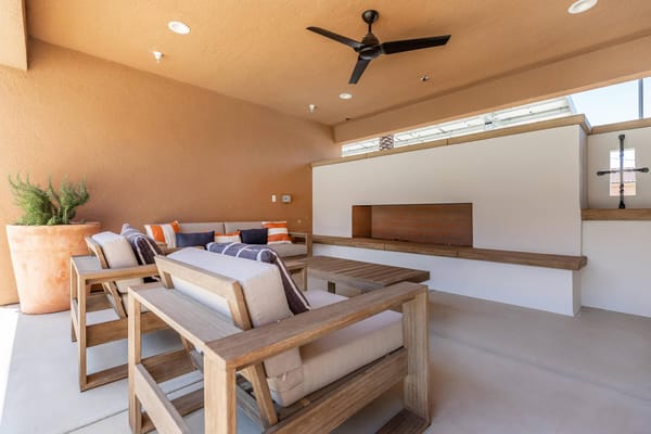 Outdoor lounging area with modern furniture