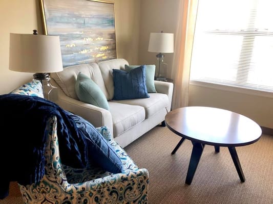 Cozy living room with sofa and coffee table