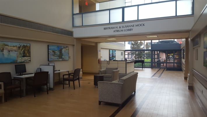 Interior view of the atrium lobby with seating