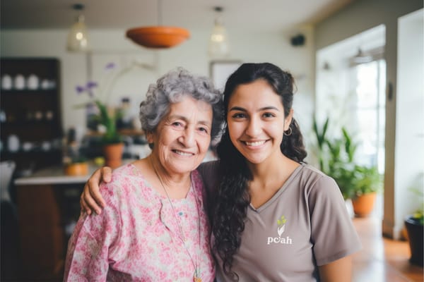 A caregiver and resident smiling together indoors
