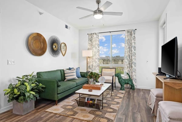 Bright interior of a living room with a green sofa