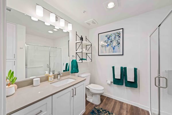Brightly designed bathroom with modern fixtures