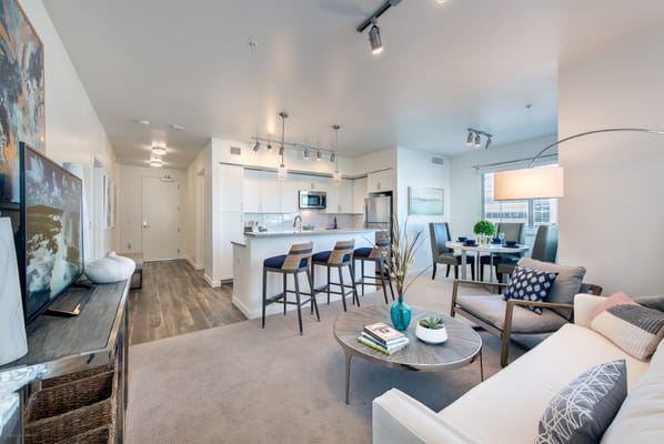 Interior view of a modern living area with kitchen and dining space