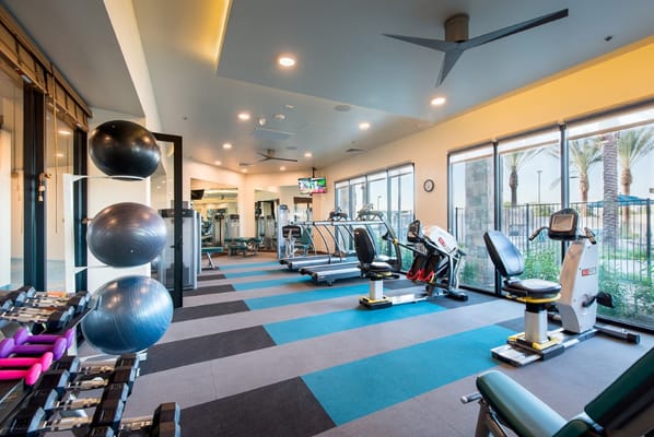 Fitness center with exercise equipment and yoga balls