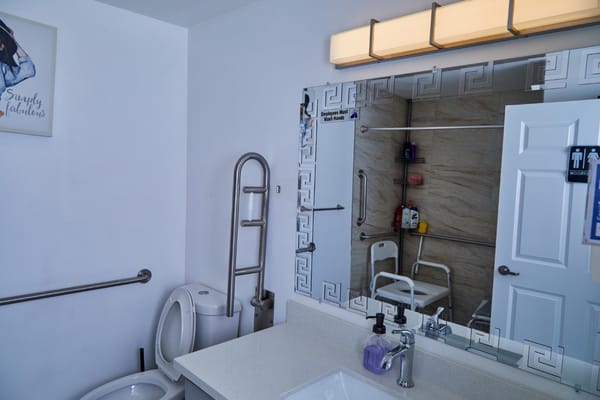Accessible bathroom with safety features and a clean sink area.