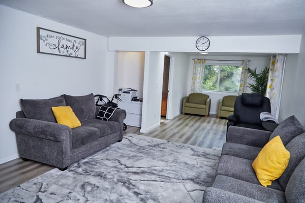 Spacious living room with sofas and a view outside