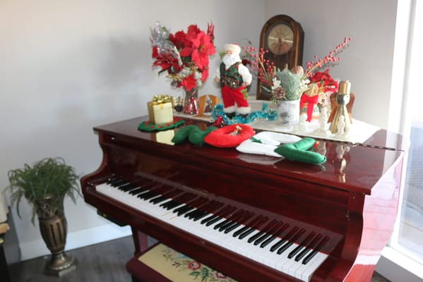 Decorated piano with holiday ornaments and plants