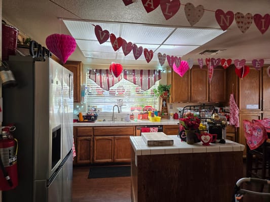 Bright kitchen decorated for Valentine's Day