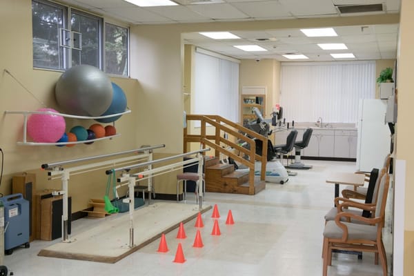 Physical therapy room with exercise equipment and colorful therapy balls.