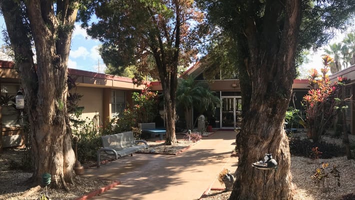 View of the entrance area surrounded by trees and plants