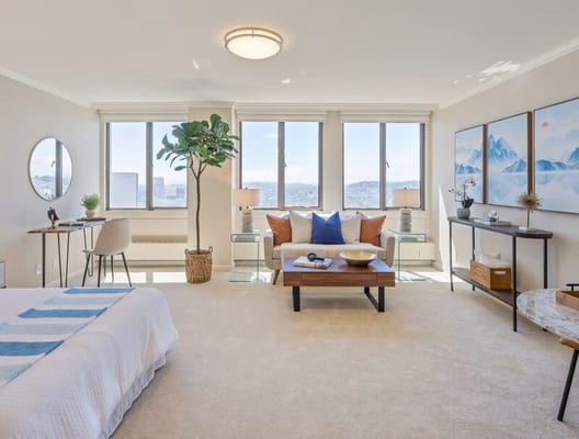 Bright living room with a view, featuring a sofa, coffee table, and plants.