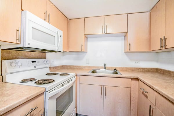 Compact kitchen with stove, microwave, and sink