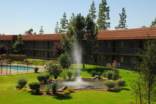 Landscape view of a tranquil outdoor space with a fountain