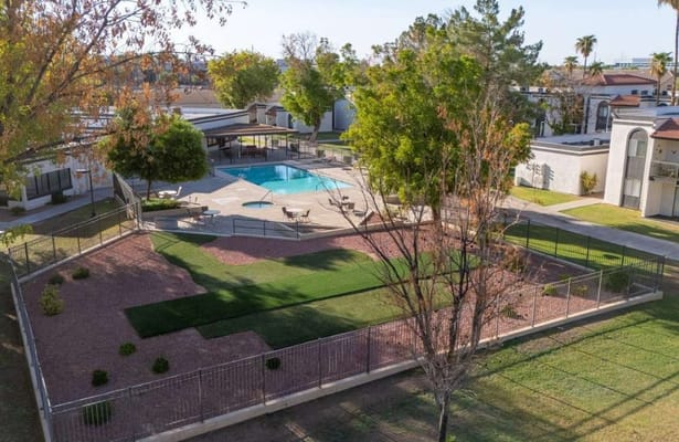 Aerial view of the outdoor pool and lounge area