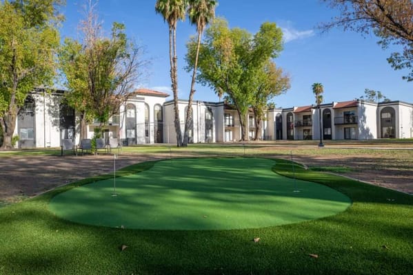 View of a green lawn area with landscaping and buildings