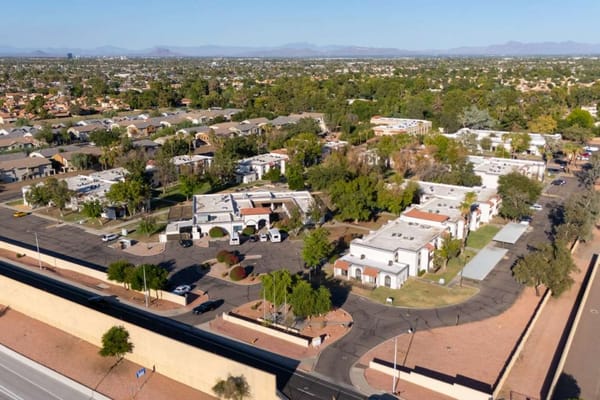 Aerial view of Elmwood Senior Living facility and surroundings