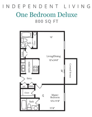 Architectural floor plan of a one-bedroom deluxe unit